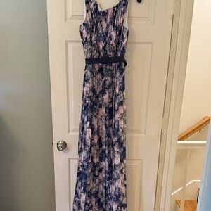 Kay Unger Blue and Pink Patterned Maxi Dress